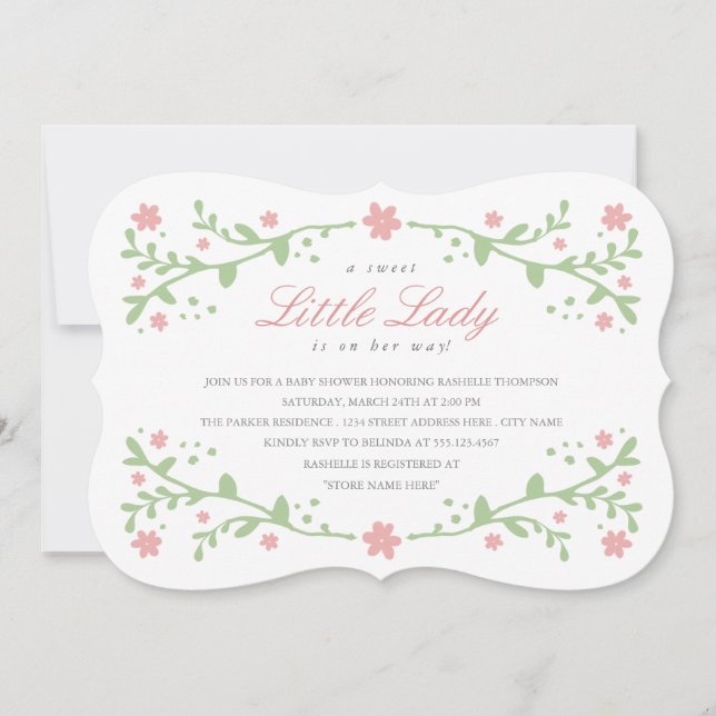 Invitación a Baby Shower de la dulce pequeña dama (Anverso)