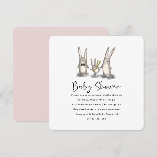 Invitación a Baby Shower de la familia Cute Bunny (Anverso / Reverso)
