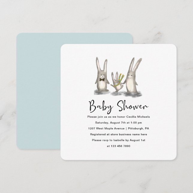 Invitación a Baby Shower de la familia Cute Bunny (Anverso / Reverso)