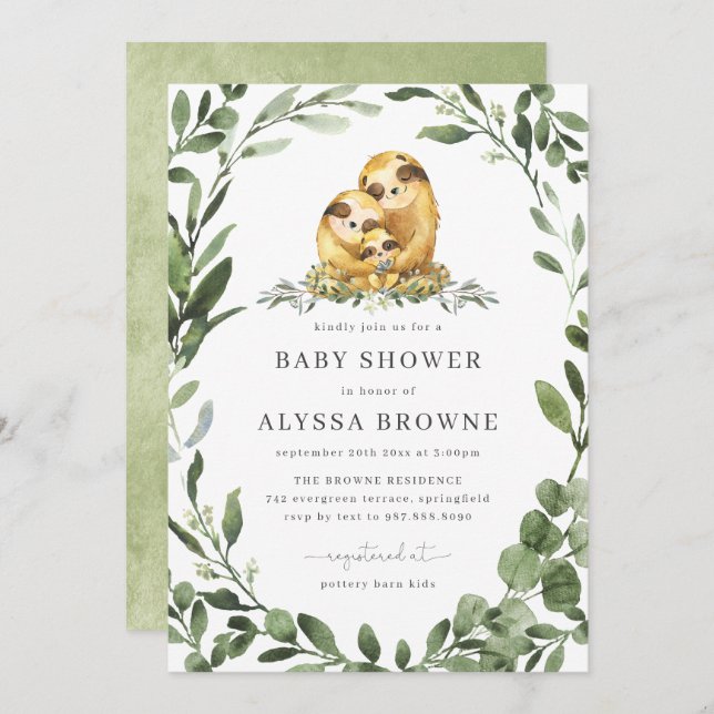Invitación a Baby Shower de la familia Sloth (Anverso / Reverso)