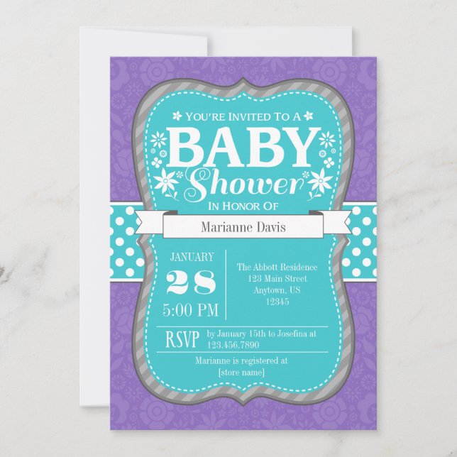 Invitación a Baby Shower de la flor verde azulada  (Anverso)