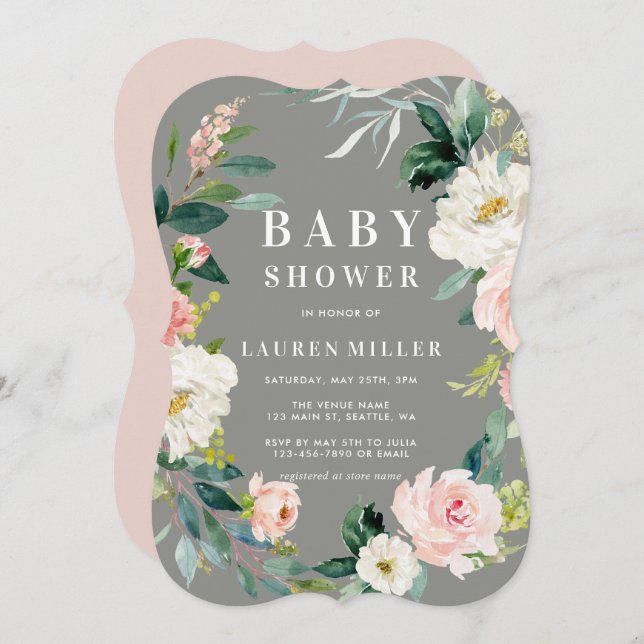 Invitación a Baby Shower de la floral gris Rubor F (Anverso / Reverso)