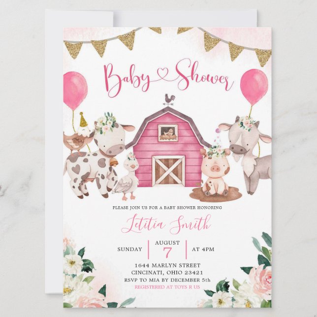Invitación a Baby Shower de la granja rosada chica (Anverso)