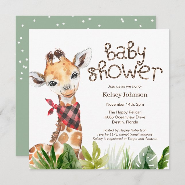 Invitación a Baby Shower de la jirafa de la jungla (Anverso / Reverso)