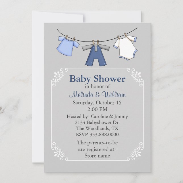 Invitación a Baby Shower de la línea de ropa para  (Anverso)