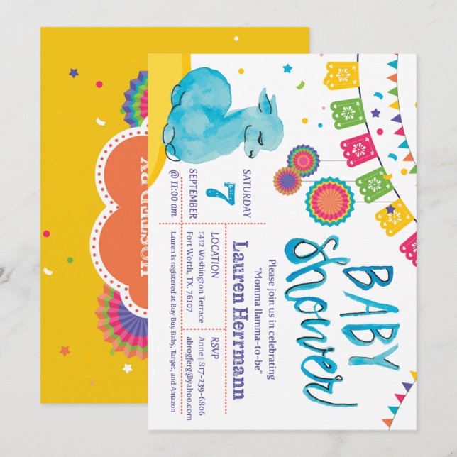 Invitación a Baby Shower de la llama de Mamma (Anverso / Reverso)