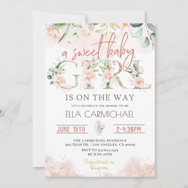 Invitación a Baby Shower de la niña dulce rosa Ros (Anverso)