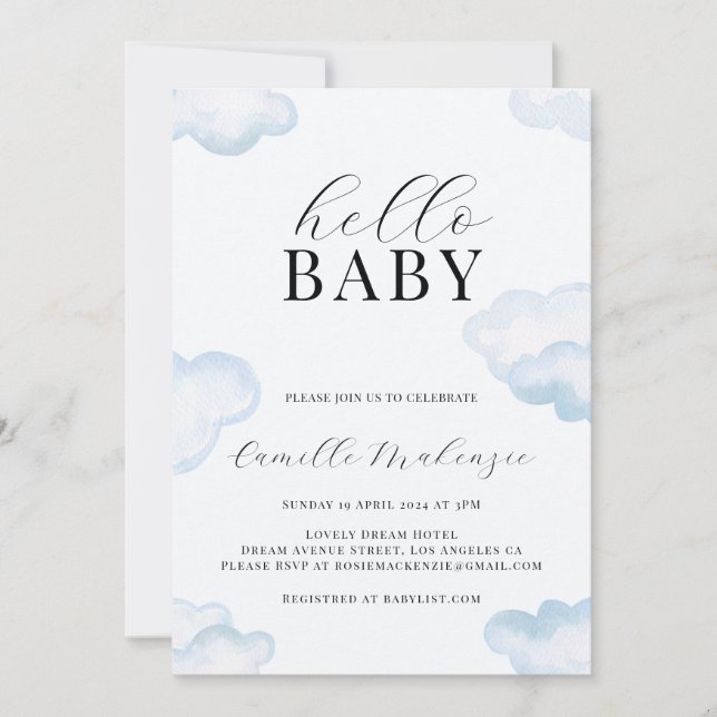 Invitación a Baby Shower de la nube azul (Anverso)