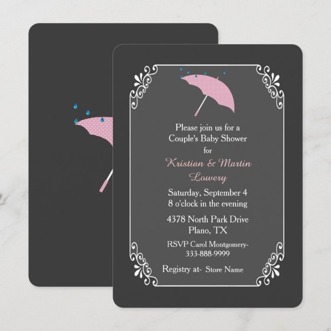 Invitación a Baby Shower de la Pareja de Paraguas  (Anverso / Reverso)