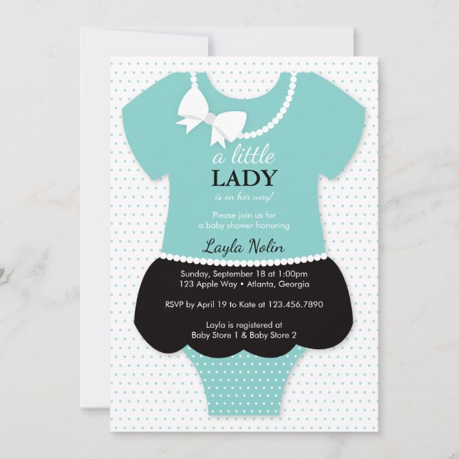 Invitación a Baby Shower de la Pequeña Dama, azul, (Anverso)