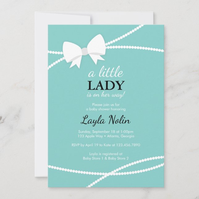 Invitación a Baby Shower de la Pequeña Dama, azul, (Anverso)