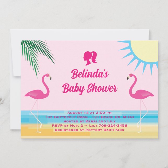 Invitación a Baby Shower de la playa tropical rosa (Anverso)