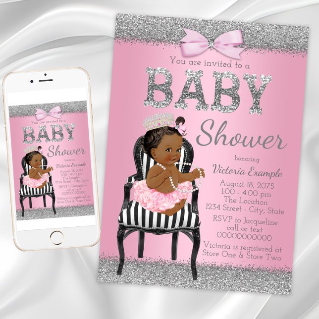 Invitación a Baby Shower de la princesa africana (Pink black princess baby shower invitation. Instant download and printed invitations available.)