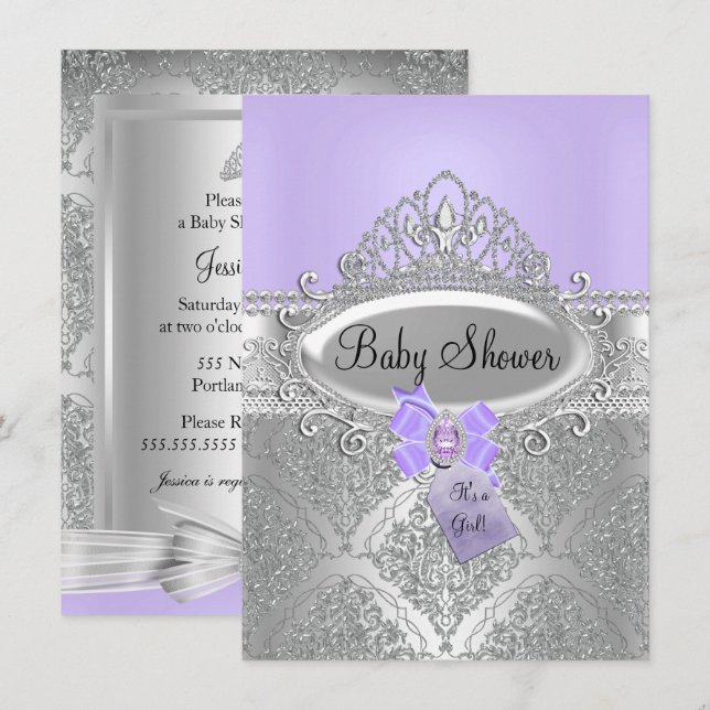 Invitación a Baby Shower de la púrpura Tiara & Sil (Anverso / Reverso)