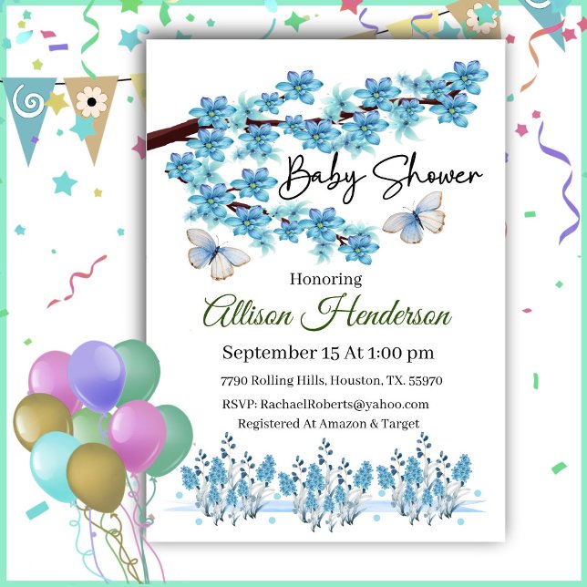 Invitación a Baby Shower de la rama floral azul (Subido por el creador)
