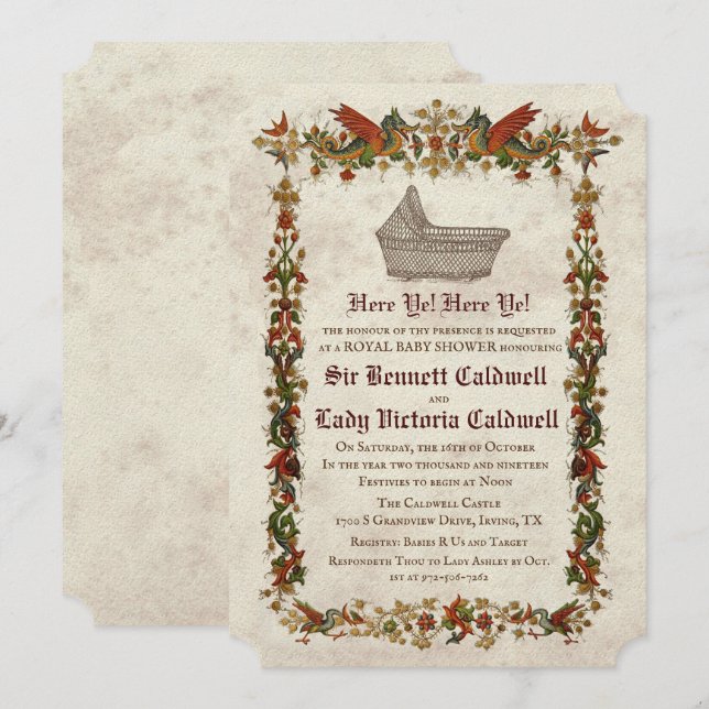 Invitación a baby shower de la Renacimiento Mediev (Anverso / Reverso)