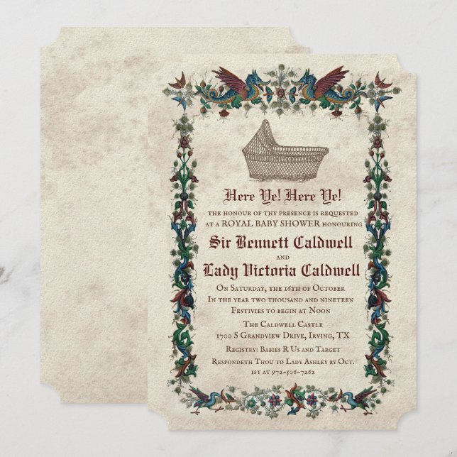 Invitación a baby shower de la Renacimiento Mediev (Anverso / Reverso)