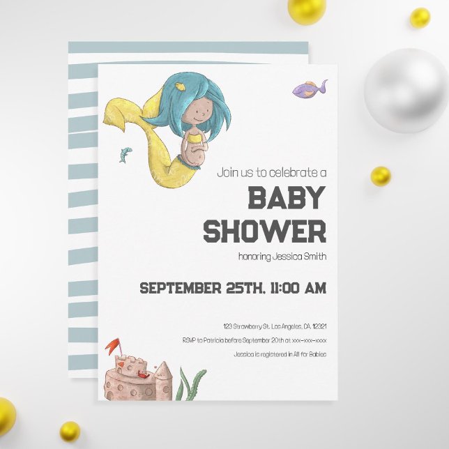 Invitación a Baby Shower de la sirena cutánea (Unique mermaid baby shower invitation with a pregnant mermaid swimming among fish)