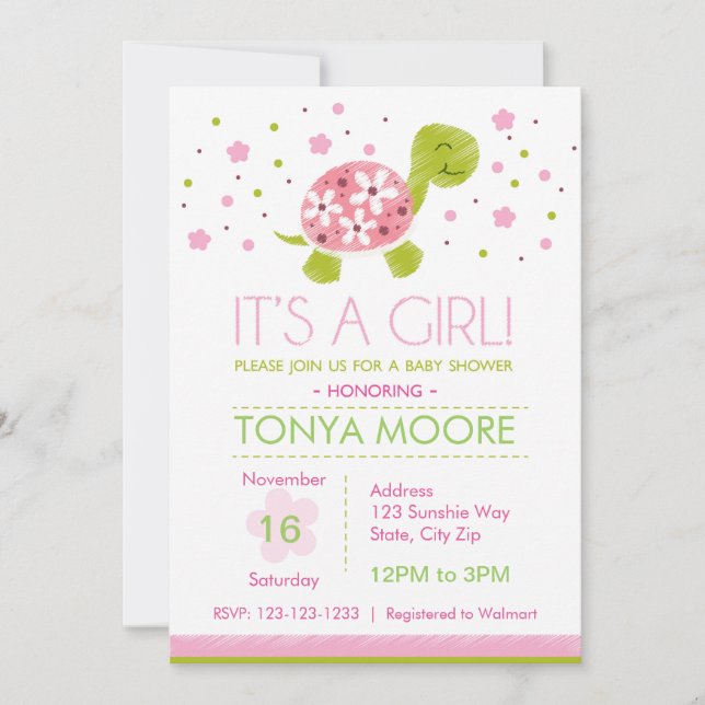 Invitación a Baby Shower de la tortuga de flores r (Anverso)