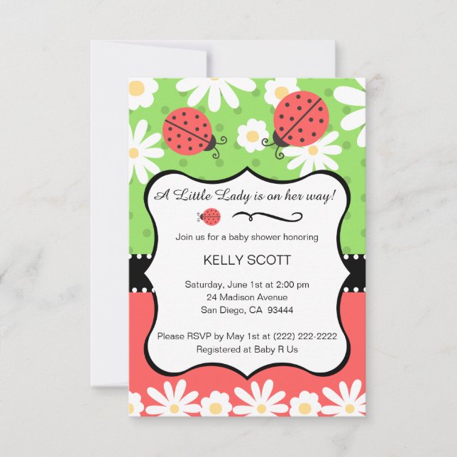 Invitación a Baby Shower de Ladybug - Lime y Red (Anverso)