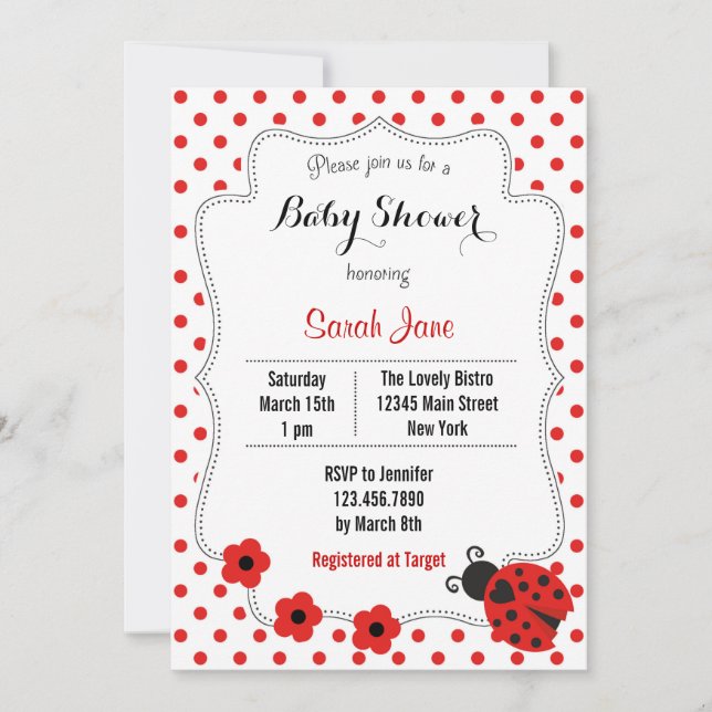 Invitación a Baby Shower de Ladybug Polkadot (Anverso)