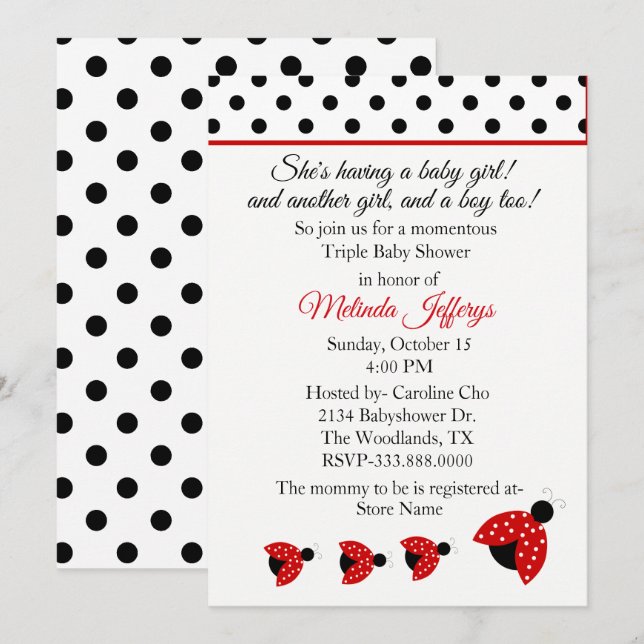 Invitación a Baby Shower de Ladybugs Triplets (Anverso / Reverso)