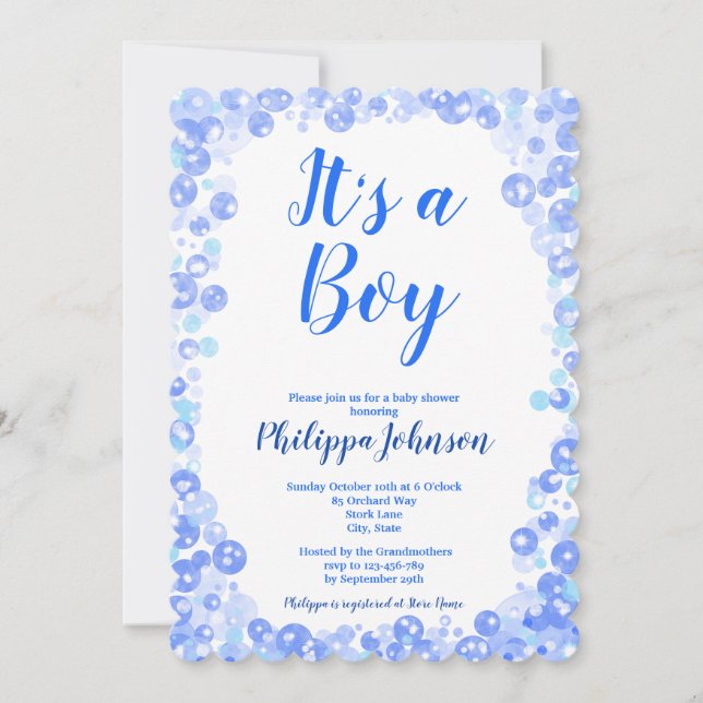 Invitación a Baby Shower de las burbujas azules (Anverso)