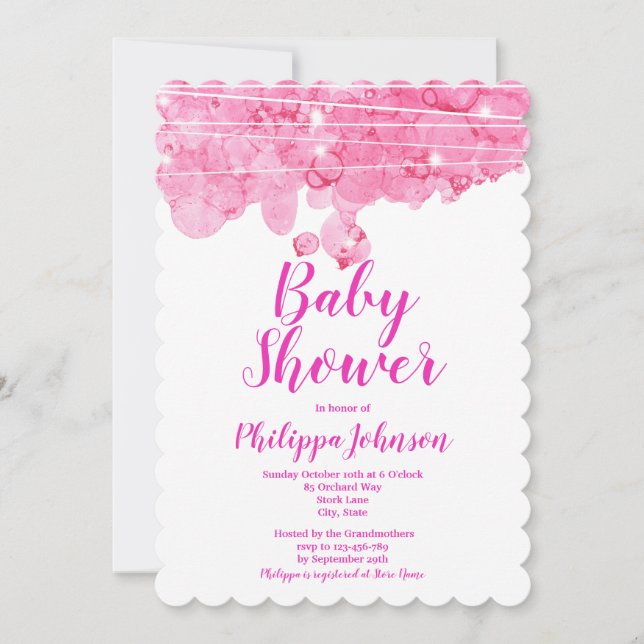 Invitación a Baby Shower de las burbujas rosadas (Anverso)