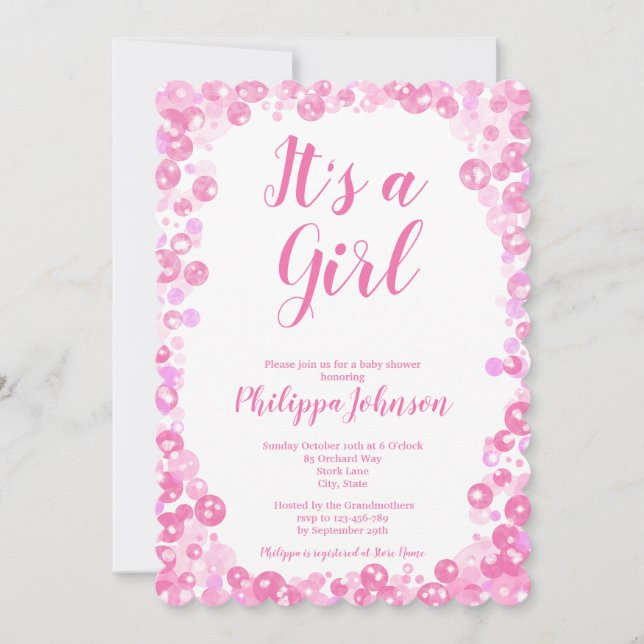 Invitación a Baby Shower de las burbujas rosadas (Anverso)