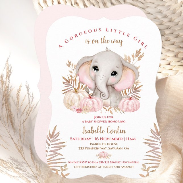 Invitación a Baby Shower de las calabazas elefante (Fall Girl Elephant Pumpkins Baby Shower Invitation)