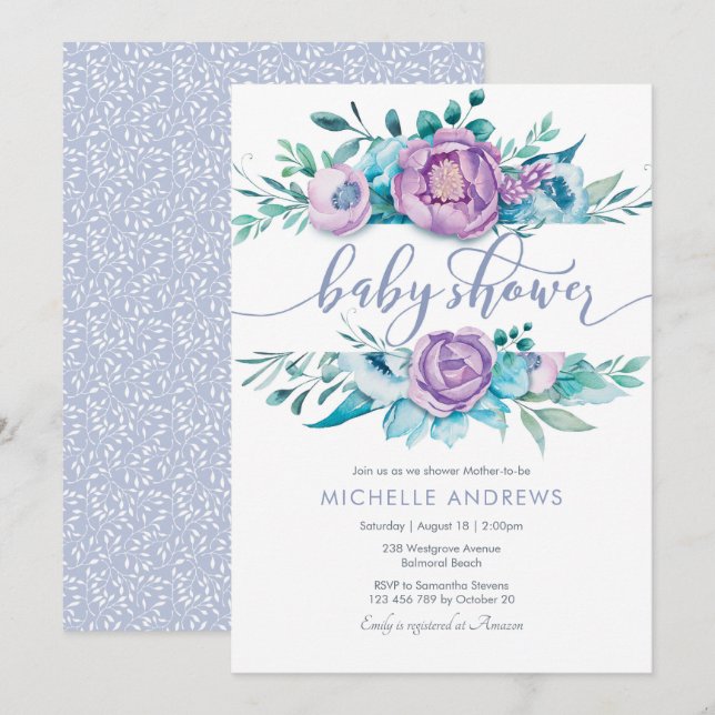 Invitación a Baby Shower de las flores moradas (Anverso / Reverso)