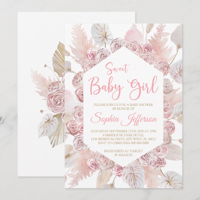 Invitación a Baby Shower de las flores rosa rosada (Anverso / Reverso)