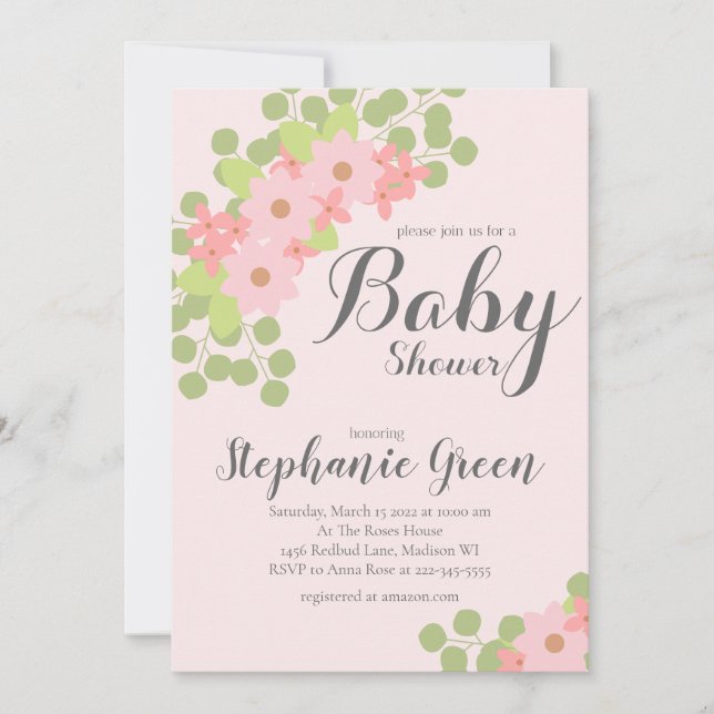 Invitación a Baby Shower de las flores rosadas pas (Anverso)