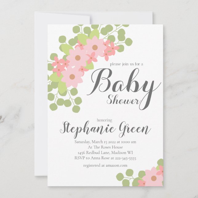 Invitación a Baby Shower de las flores rosadas pas (Anverso)