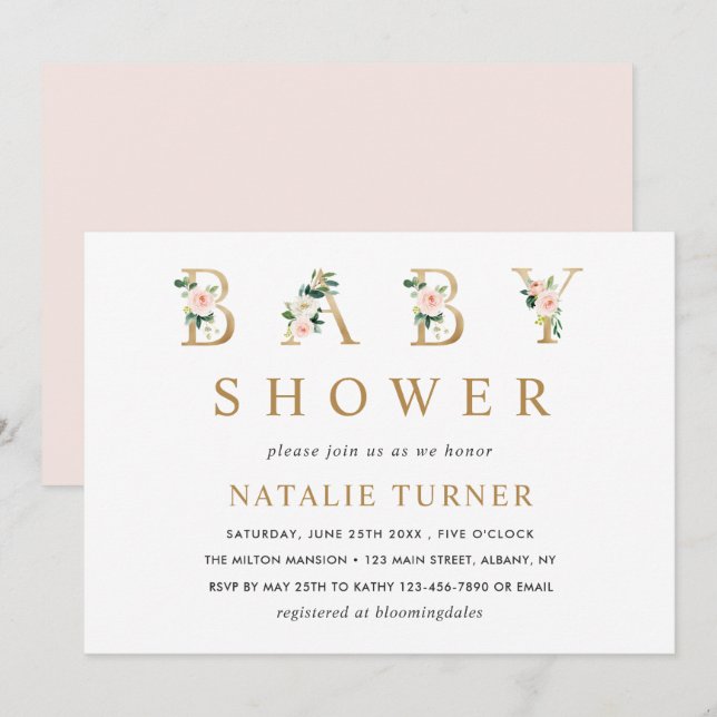 Invitación a Baby Shower de las letras de oro flor (Anverso / Reverso)