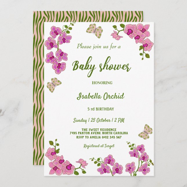 Invitación a Baby Shower de las mariposas tropical (Anverso / Reverso)