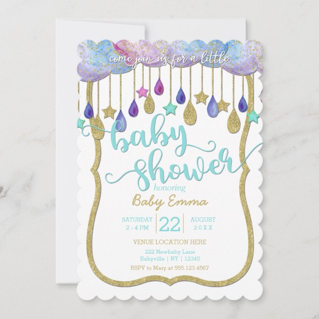 Invitación a Baby Shower de las nubes arcoiris y l (Anverso)