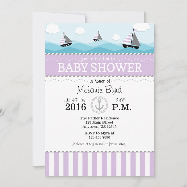 Invitación a Baby Shower de Lavender Blue Nautical (Anverso)