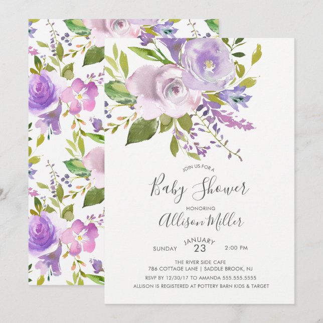 Invitación a Baby Shower de Lavender Floral (Anverso / Reverso)