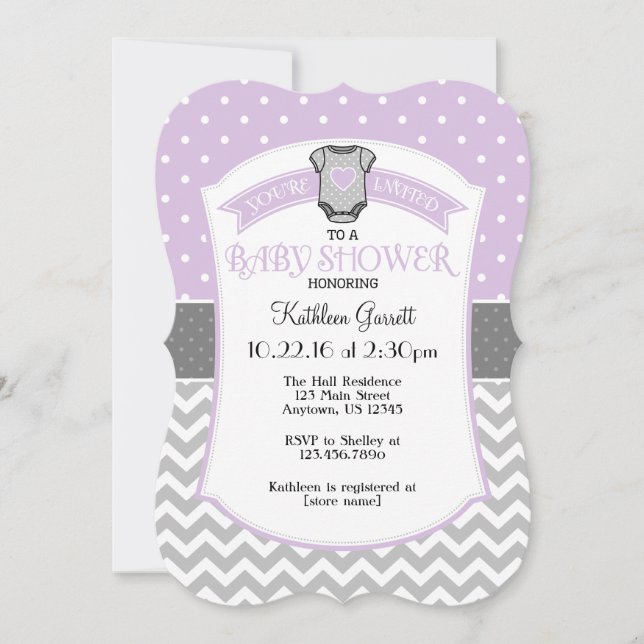 Invitación a Baby Shower de Lavender Gray Polka Do (Anverso)