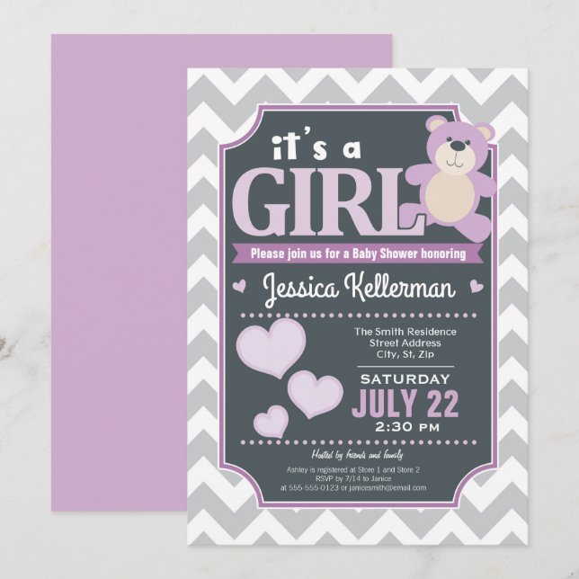 Invitación a Baby Shower de Lavender Purple Chica (Anverso / Reverso)