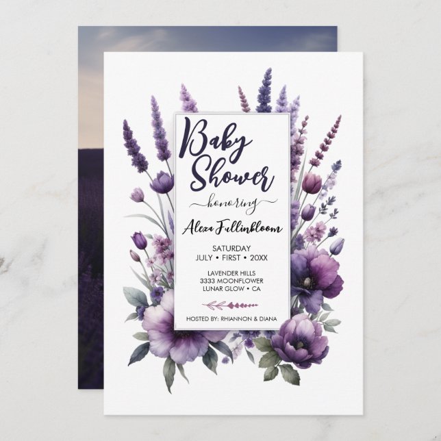 Invitación a Baby Shower de Lavender Purple Floral (Anverso / Reverso)
