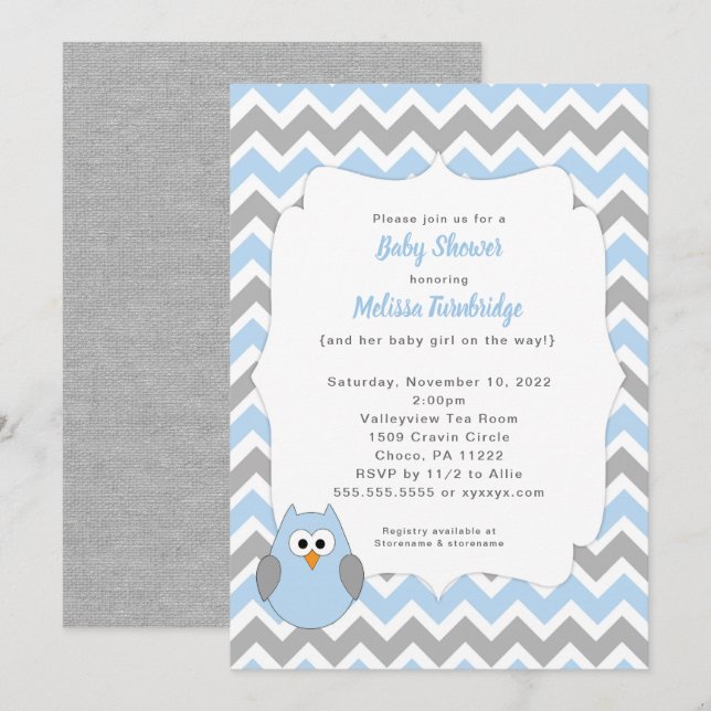 Invitación a Baby Shower de Lechuza Azul, niño roc (Anverso / Reverso)