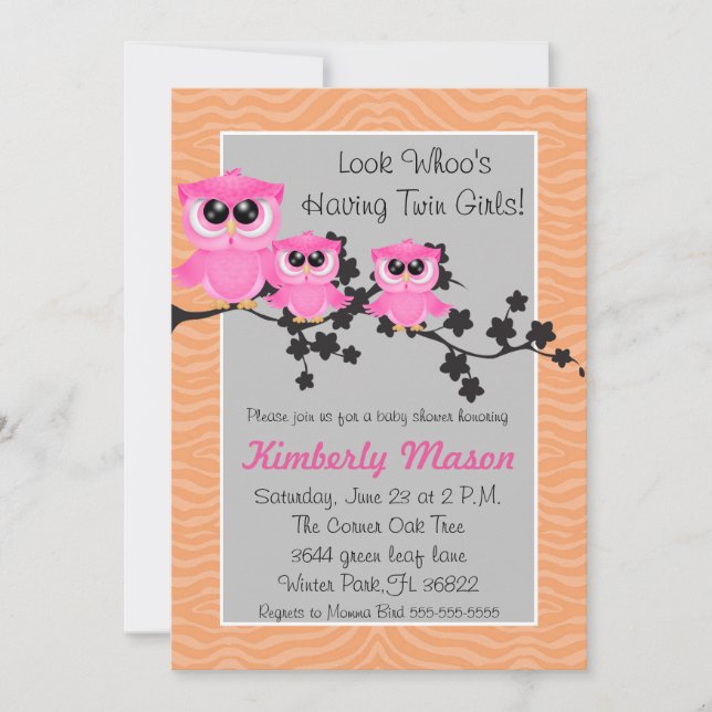 Invitación a Baby Shower de Lechuza Chica gemela c (Anverso)