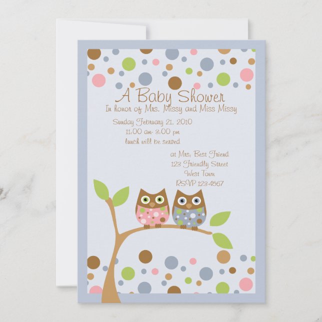 Invitación a Baby Shower de lechuza gemela (Anverso)
