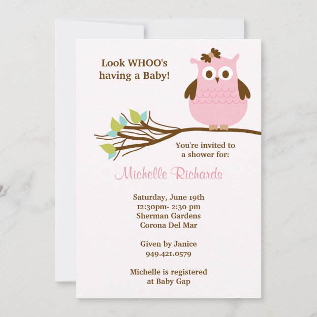 Invitación a Baby Shower de Lechuza Rosada (Anverso)