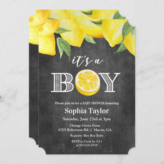 Invitación a Baby Shower de Lemon Boy Chalkboard (Anverso / Reverso)