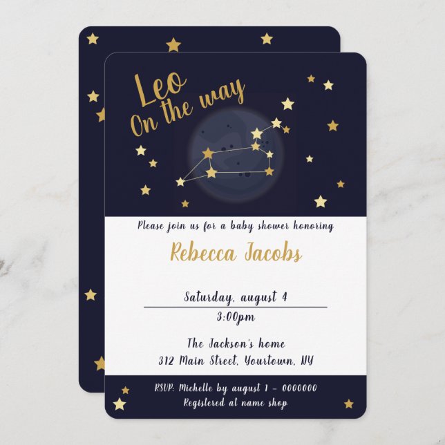 Invitación a Baby Shower de Leo zodiac (Anverso / Reverso)