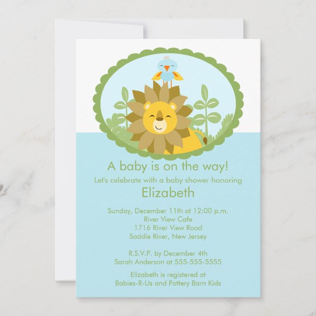 Invitación a Baby Shower de león de la selva (Anverso)