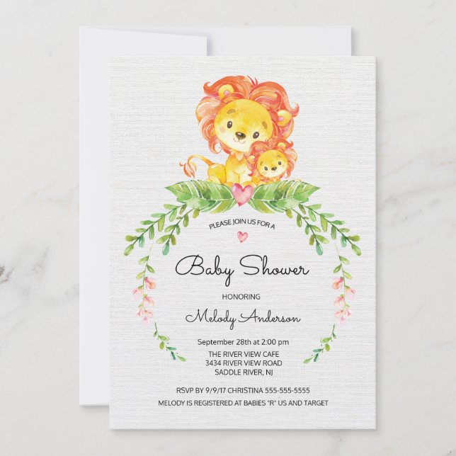 Invitación a Baby Shower de león de la selva de Sa (Anverso)